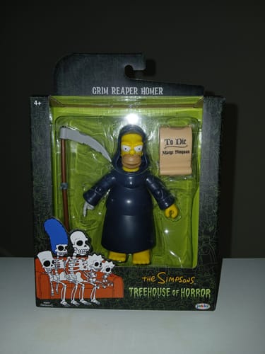 Customer's new Grim Reaper Homer action figure in its original packaging box featuring The Simpsons graphics.