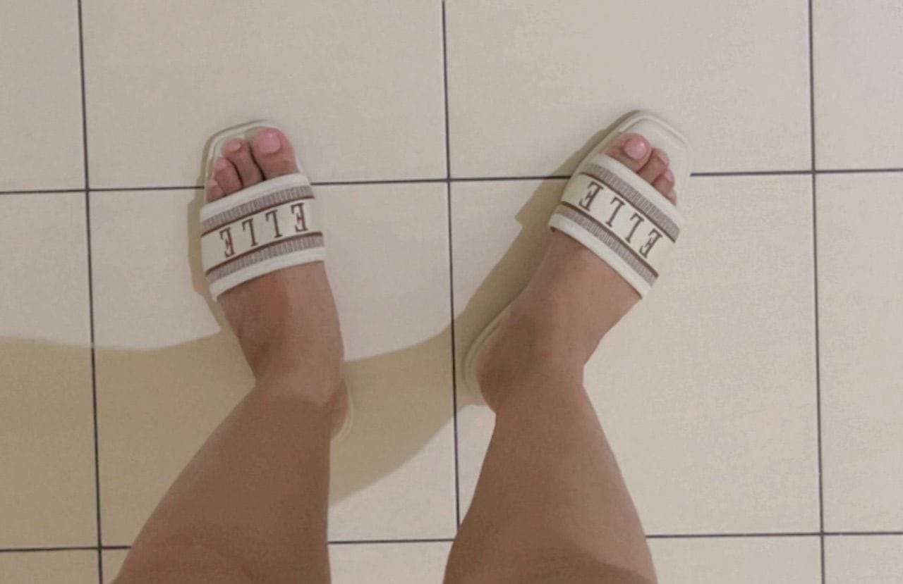 Customer photo review of Renee Logo Stitch Slip-on Sandals In Almond