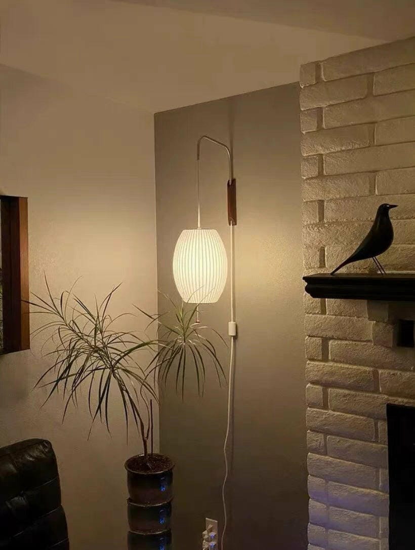 Customer photo review of Wall Light, Plug In, White Globe with Walnut Accent, Wall Sconce