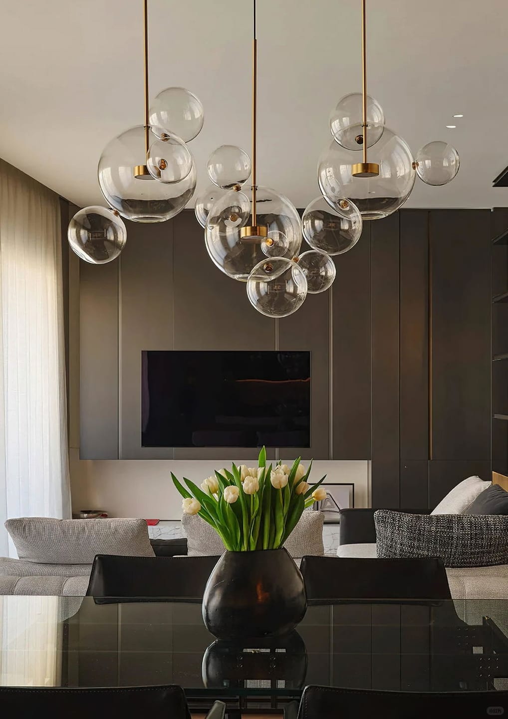 Customer photo review of Gold Pendant Light, Clear Hand-Blown Glass Spheres, Integrated LED