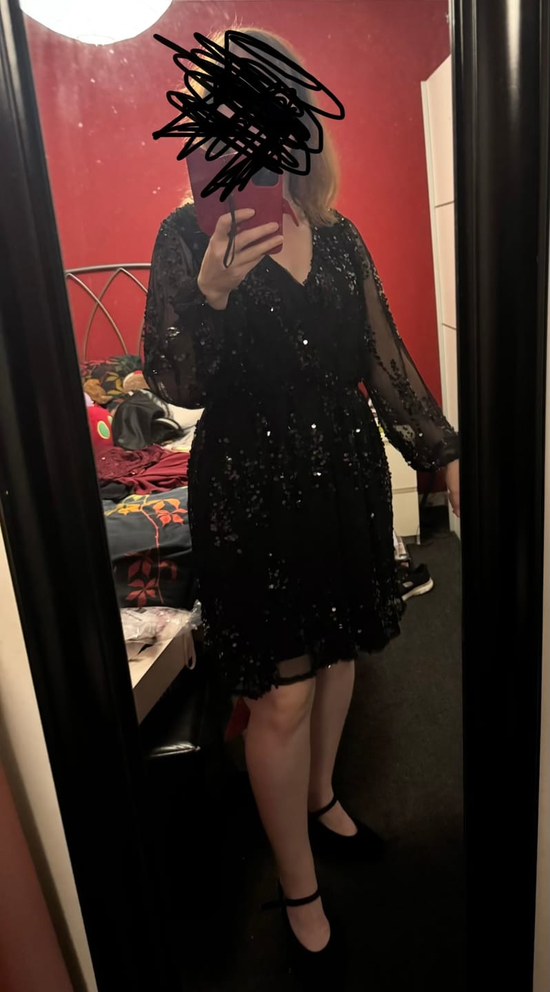 Customer photo review of Black Sequin Floral V Neck Mini Dress