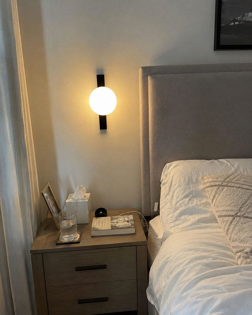 Customer photo review of Wall Light, Cream Globe Shade, Black Metal Bar, Wall Sconce
