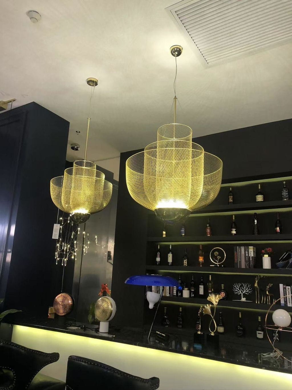 Customer photo review of Wire Mesh Chandelier, Three-Tier Silver Wires, Brass Orb, Built-In LED