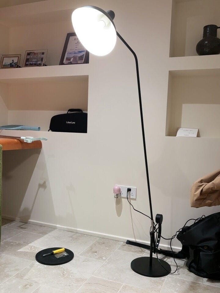 Customer photo review of Black Floor Lamp, Tripod Base, Angled Shade, Brass Joints, 160 cm