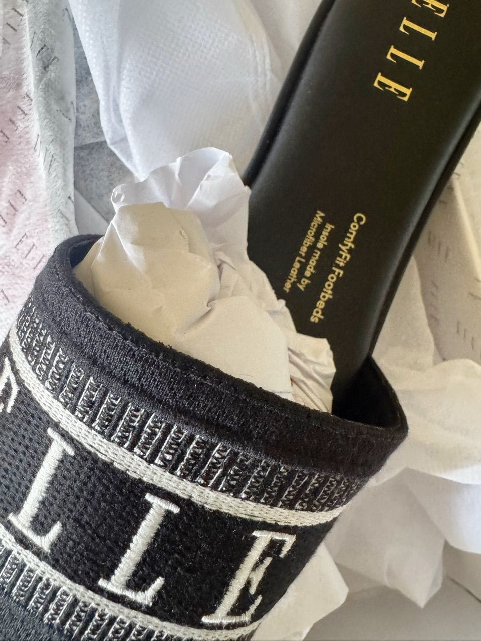 Customer photo review of Renee Logo Stitch Slip-on Sandals In Black