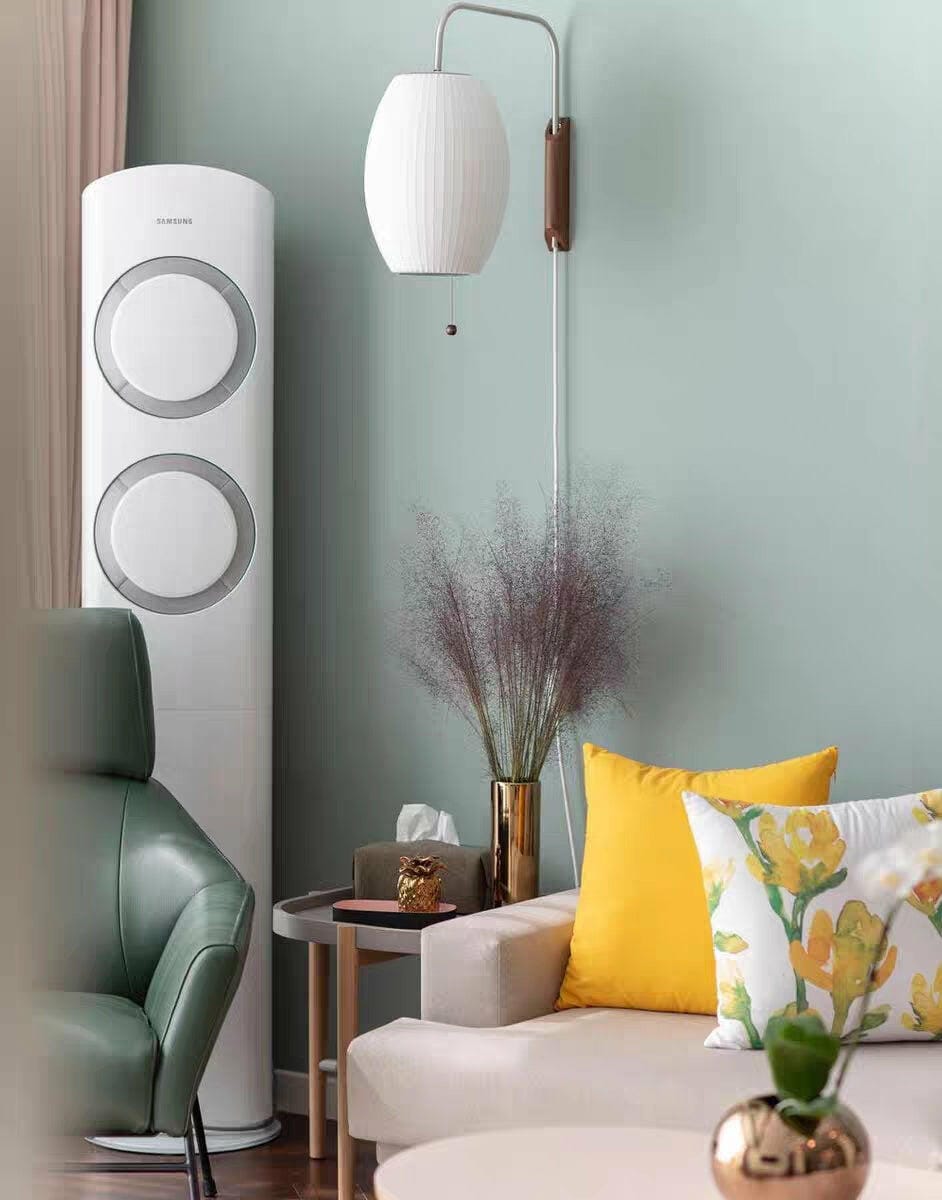 Customer photo review of Wall Light, Plug In, White Globe with Walnut Accent, Wall Sconce