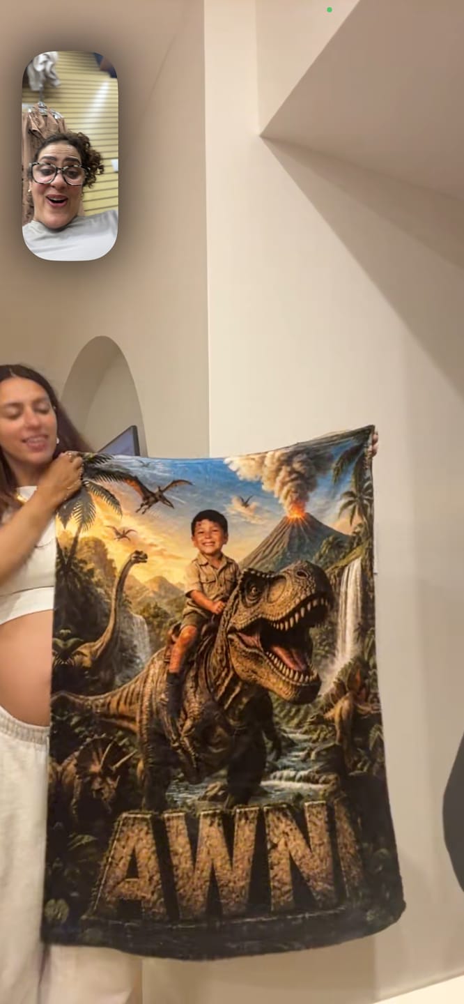 Customer photo review of Personalized Dinosaur Blanket | Their Photo, Their Adventure