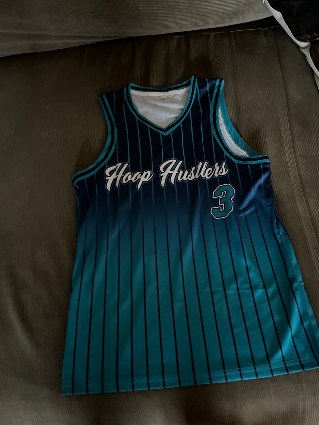 Customer photo review of Custom Navy Aqua Gradient Fashion Sets Sports Stripe Uniform Basketball Jersey