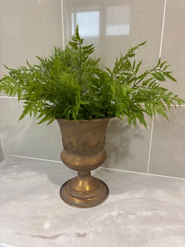 Customer's antique gold Magda pedestal urn filled with a green fern, displayed on a bathroom counter.