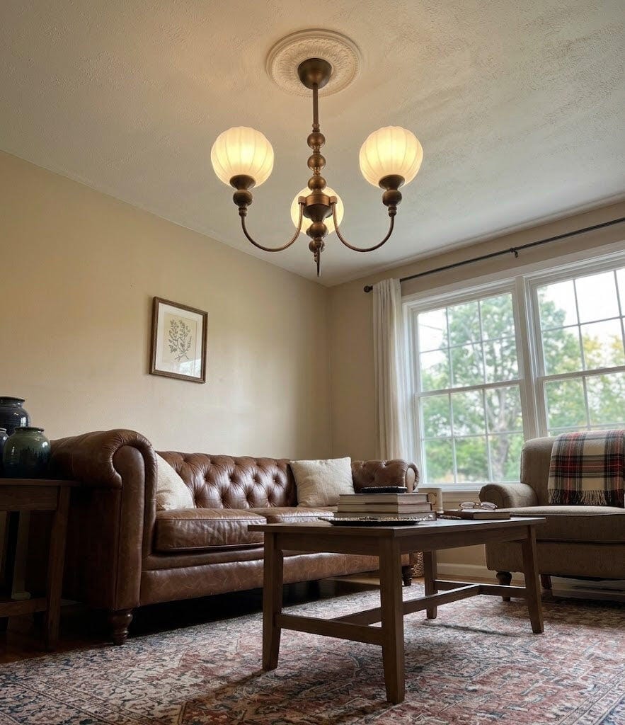 Customer photo review of Ribbed Glass Chandelier, Antique Bronze Arched Iron Arms, Hardwired