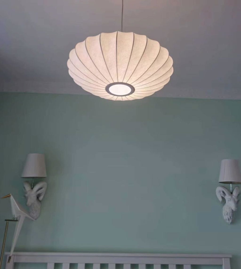Customer photo review of Pendant Light, White Mulberry Silk Shade, Steel Wire Frame, Hardwired