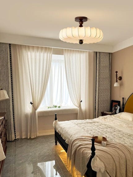 Customer photo review of Wood Ceiling Light, Solid Walnut Frame, Fabric Shade, Integrated LED