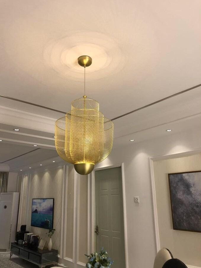 Customer photo review of Wire Mesh Chandelier, Three-Tier Silver Wires, Brass Orb, Built-In LED