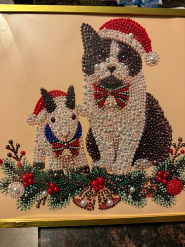 Customer's custom pet pearl bead portrait featuring a black cat and a goat with Christmas hats and bow ties.