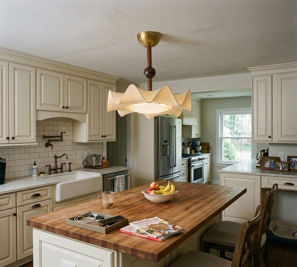 Customer photo review of Ceiling Light, Floral Shade, Walnut and Gold Frame, Integrated LED