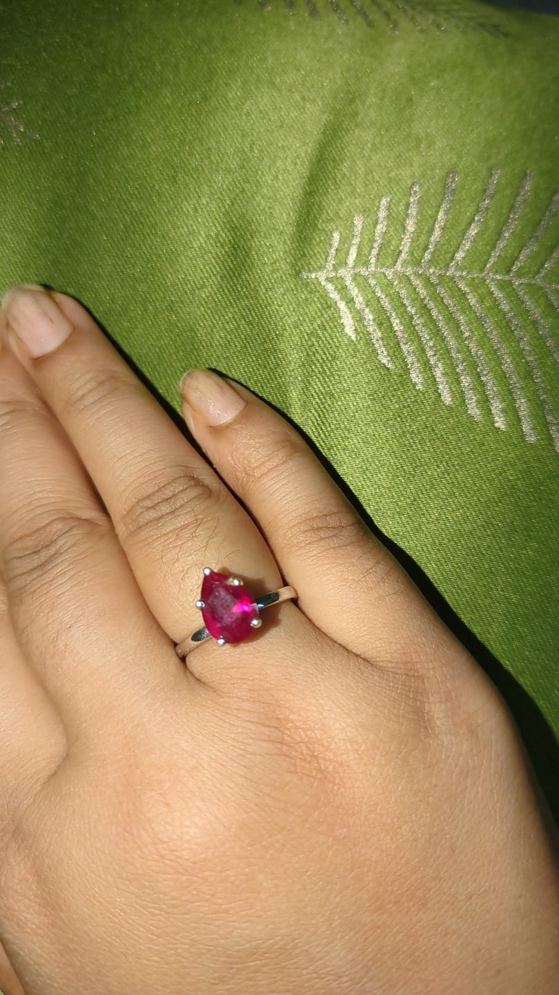 Customer photo review of 2Ct Red Ruby Rhea Silver Pear Solitaire Ring For Women
