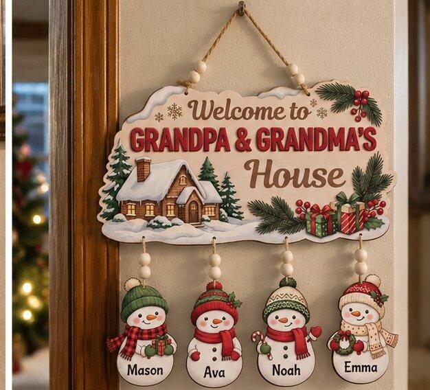 Customer photo review of Personalized Welcome to Grandpa & Grandma's House Snowman Sign – Custom Christmas Wooden Sign