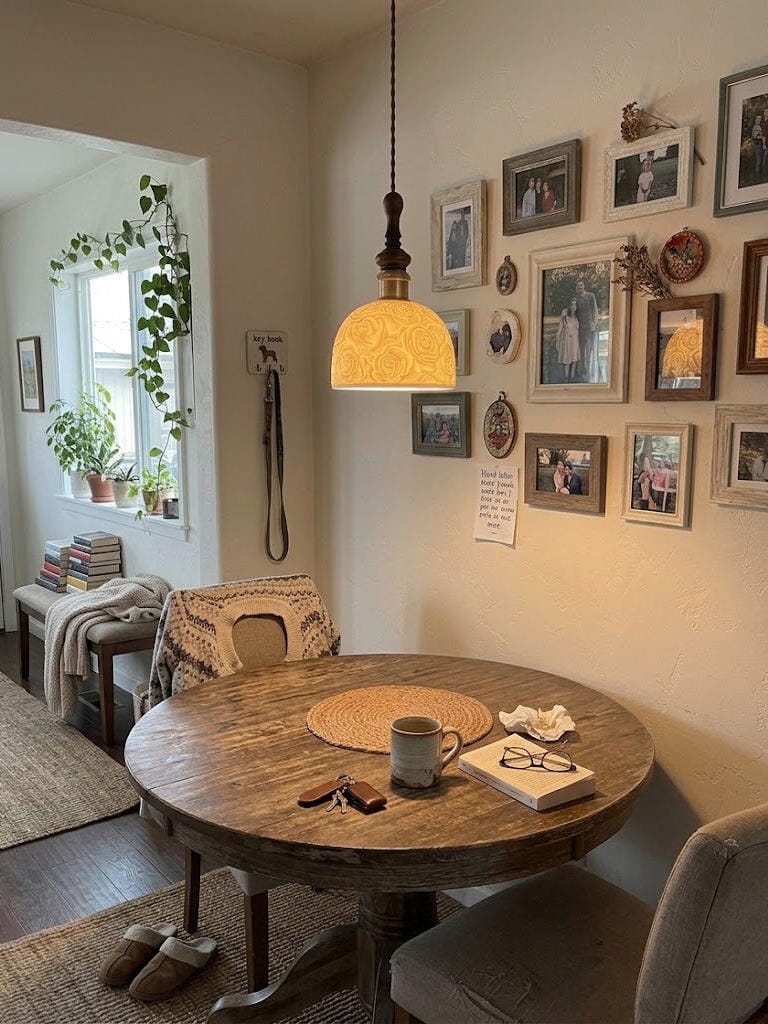 Customer photo review of Ceramic Pendant Light, Sculpted White Dome, Walnut Wood, Gold Cap