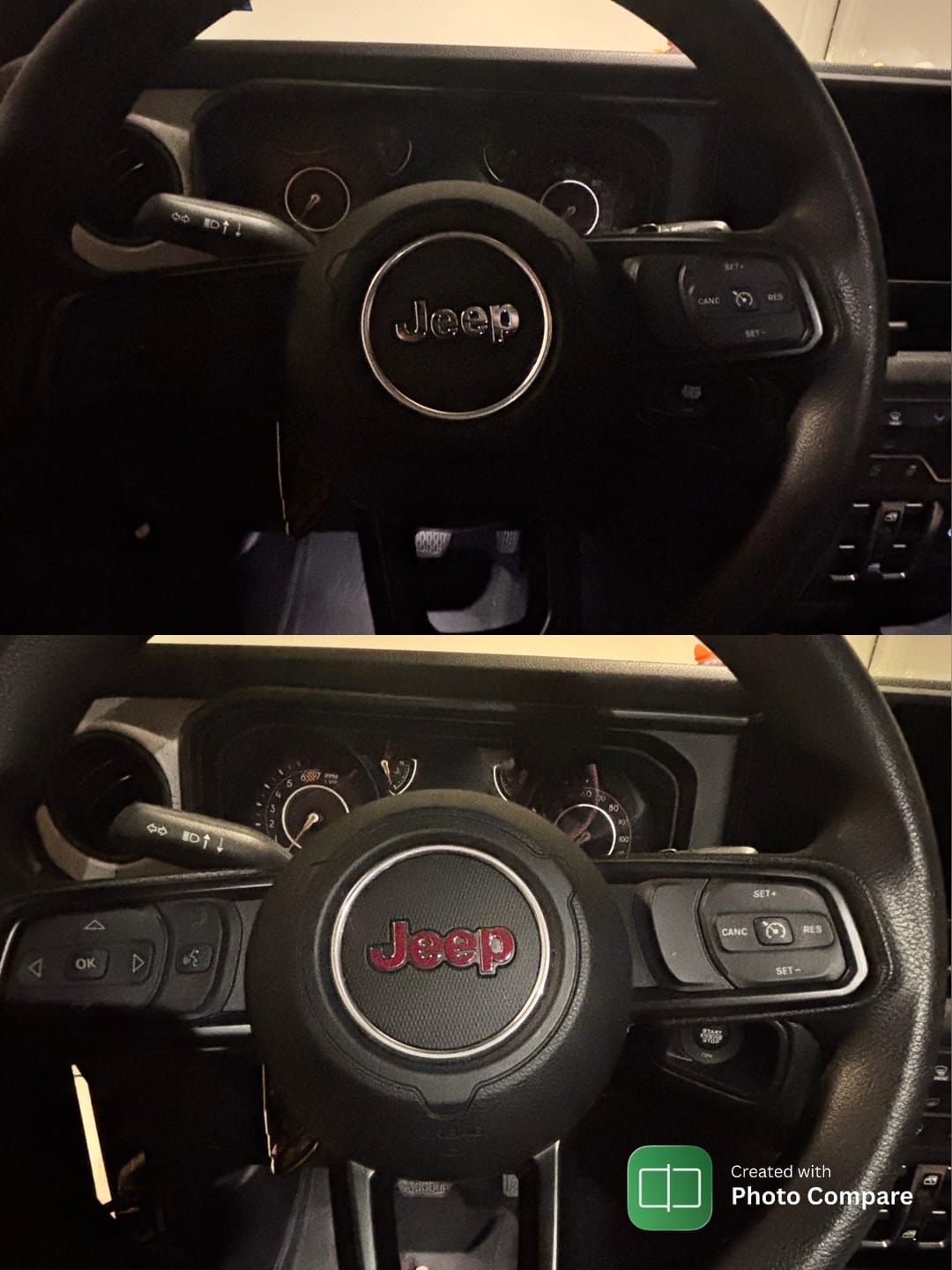 Customer photo review of JEEP Steering Wheel Emblem Overlay Decal — 30+ Colors & Designs (Flag, Topo, Animal, Solid)