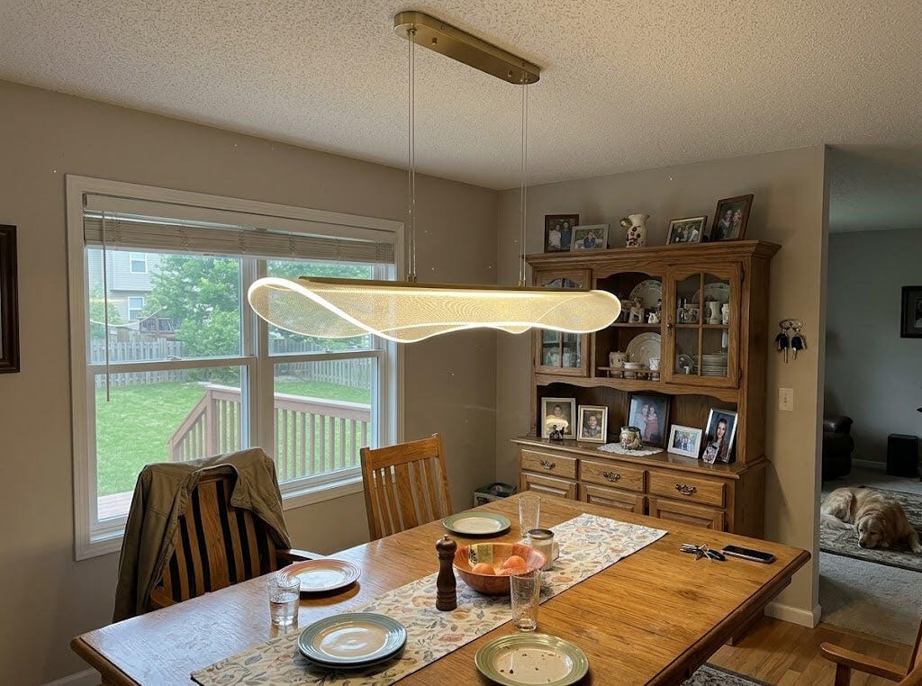 Customer photo review of Curved Linear Pendant Light for Dining Table, Gold, 100 to 150 cm