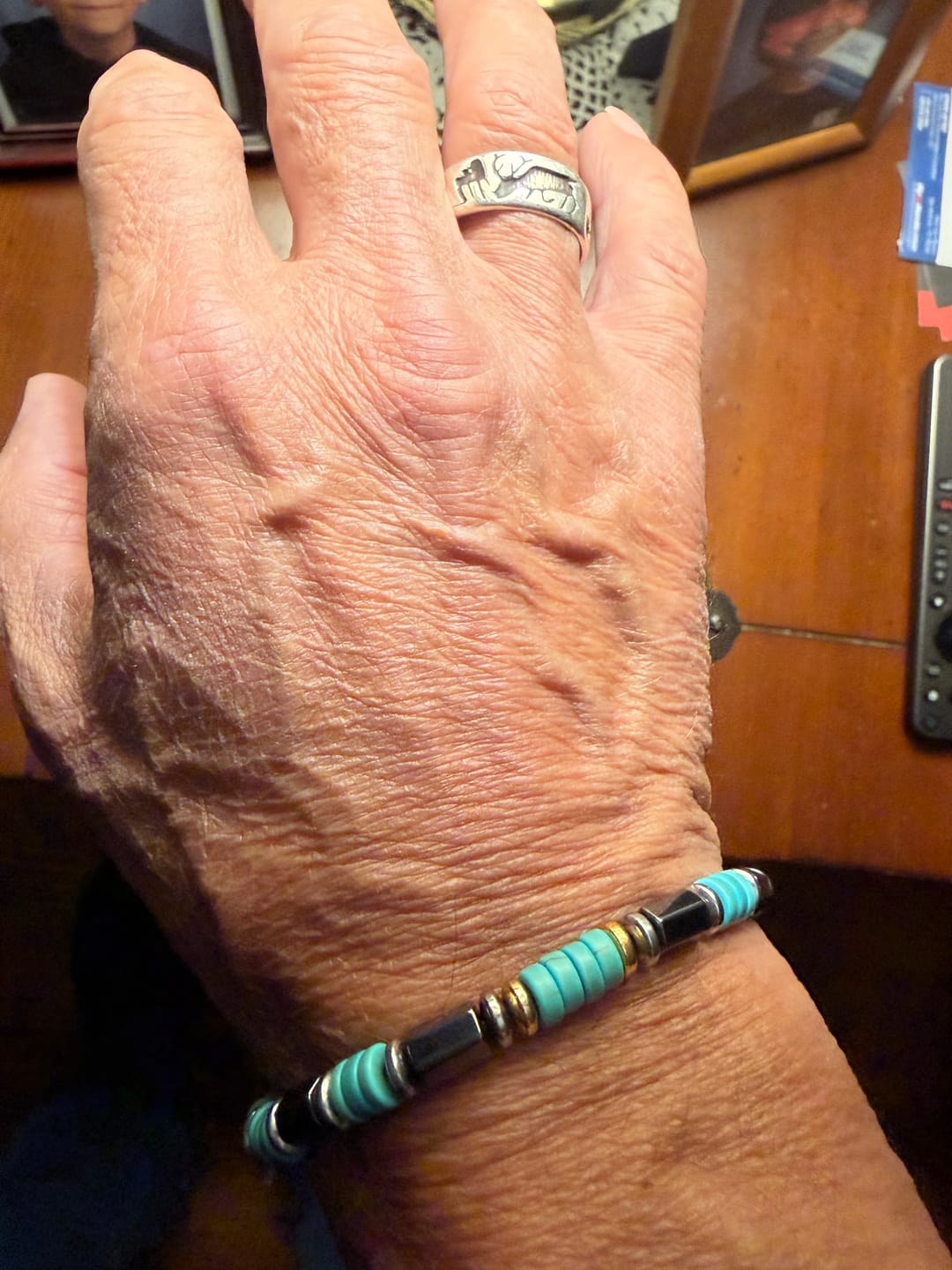 Customer photo review of Men’s Hematite & Turquoise Bracelet – Natural Stone Grounding Jewelry for Strength, Focus & Protection