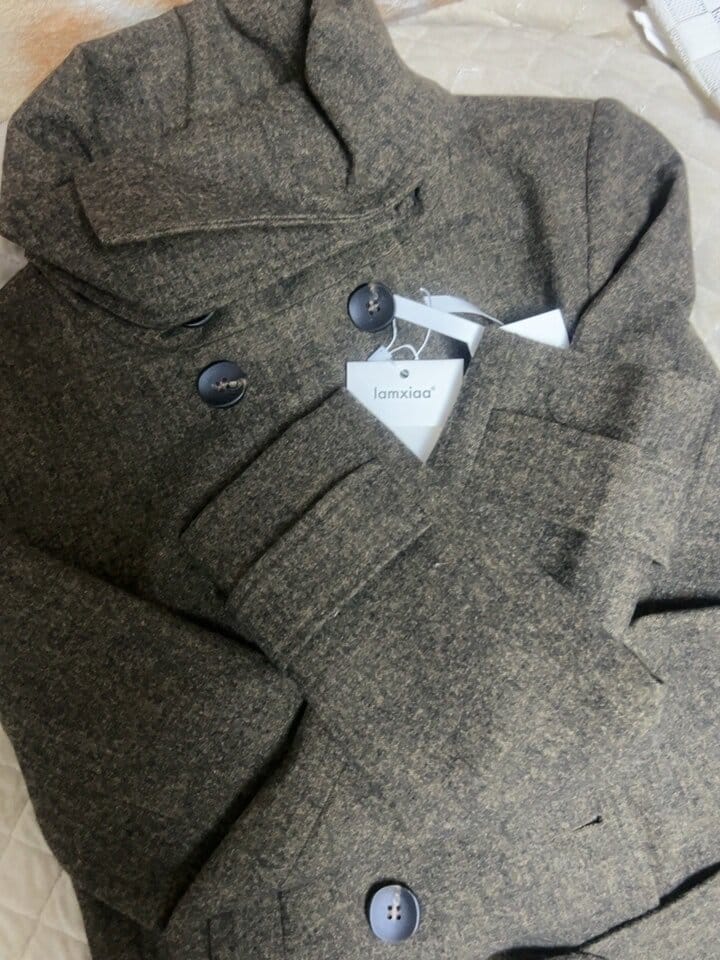 Customer photo review of IAMXIAA Wool-Like High Neck Belted Double-Breasted Jacket