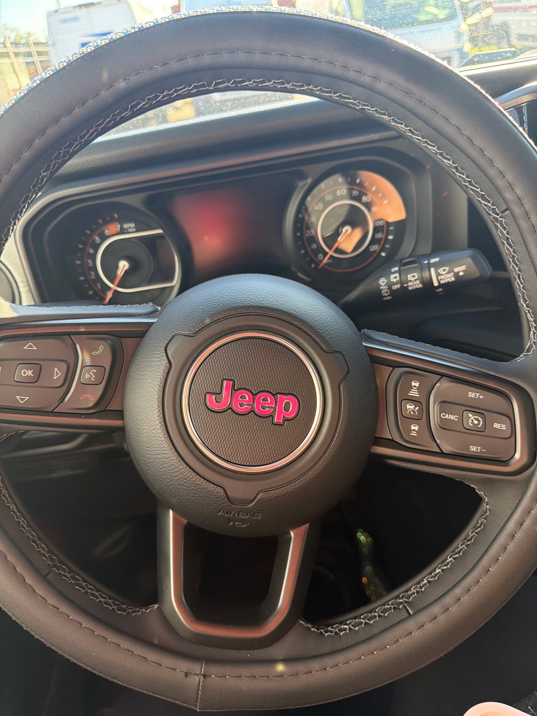 Customer photo review of JEEP Steering Wheel Emblem Overlay Decal — 30+ Colors & Designs (Flag, Topo, Animal, Solid)