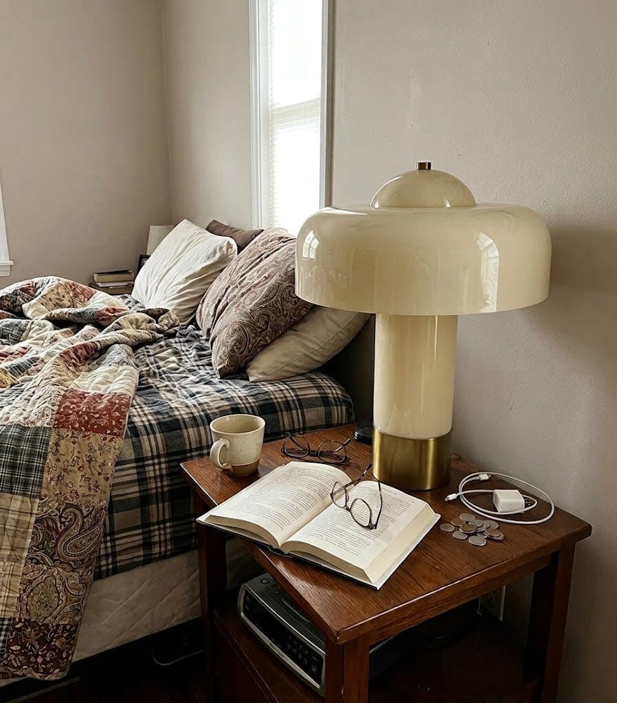 Customer photo review of Brass Table Lamp, Pale Cream Shade, Cylindrical Stem, 32 cm