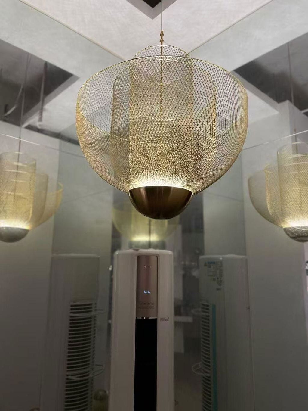 Customer photo review of Wire Mesh Chandelier, Three-Tier Silver Wires, Brass Orb, Built-In LED