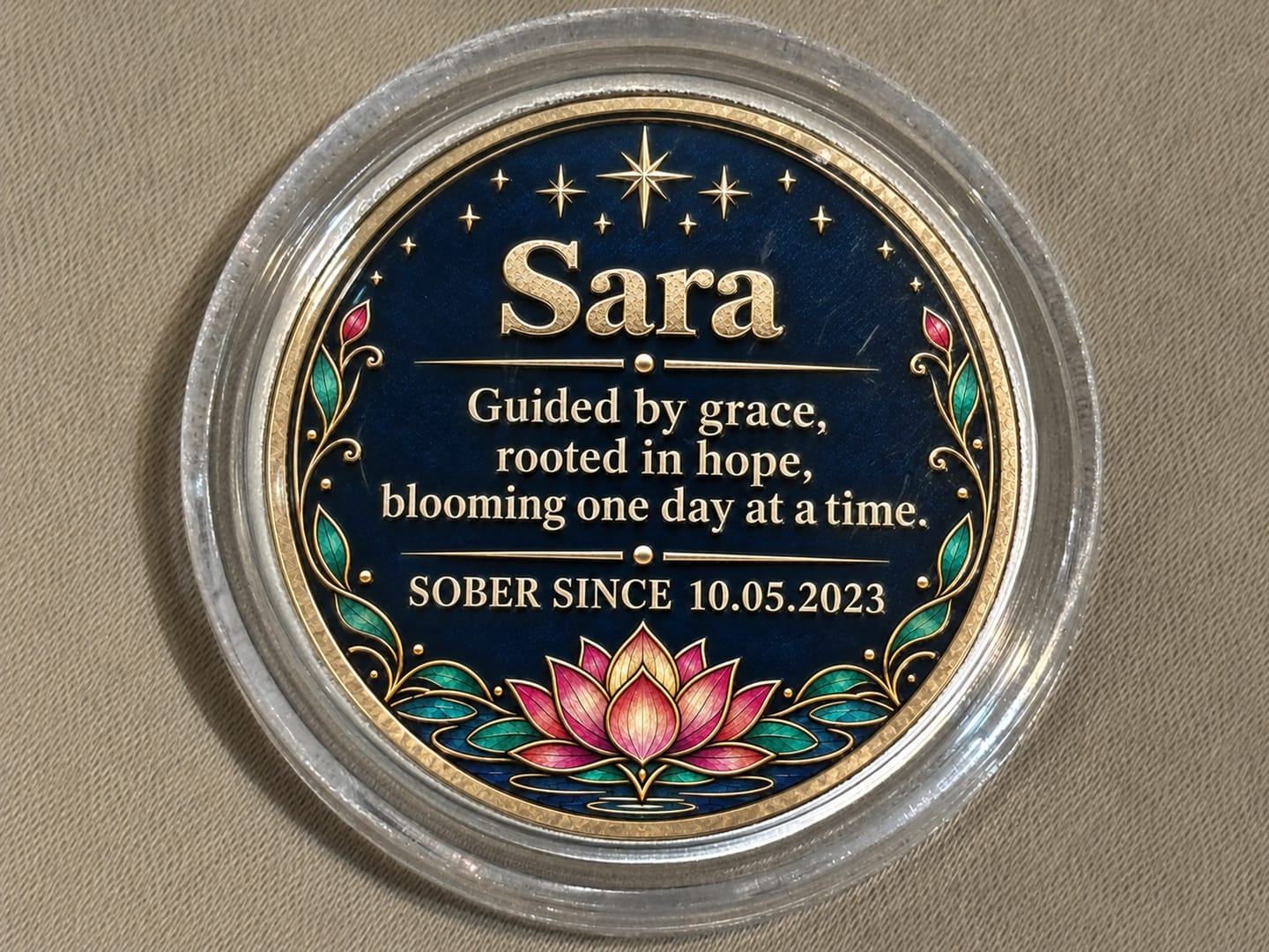 Customer photo review of Custom Lotus Sobriety Coin