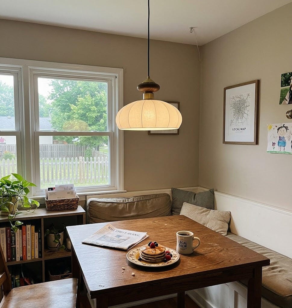 Customer photo review of Walnut Frosted Glass Pendant Light, Brass Accents, 25 cm