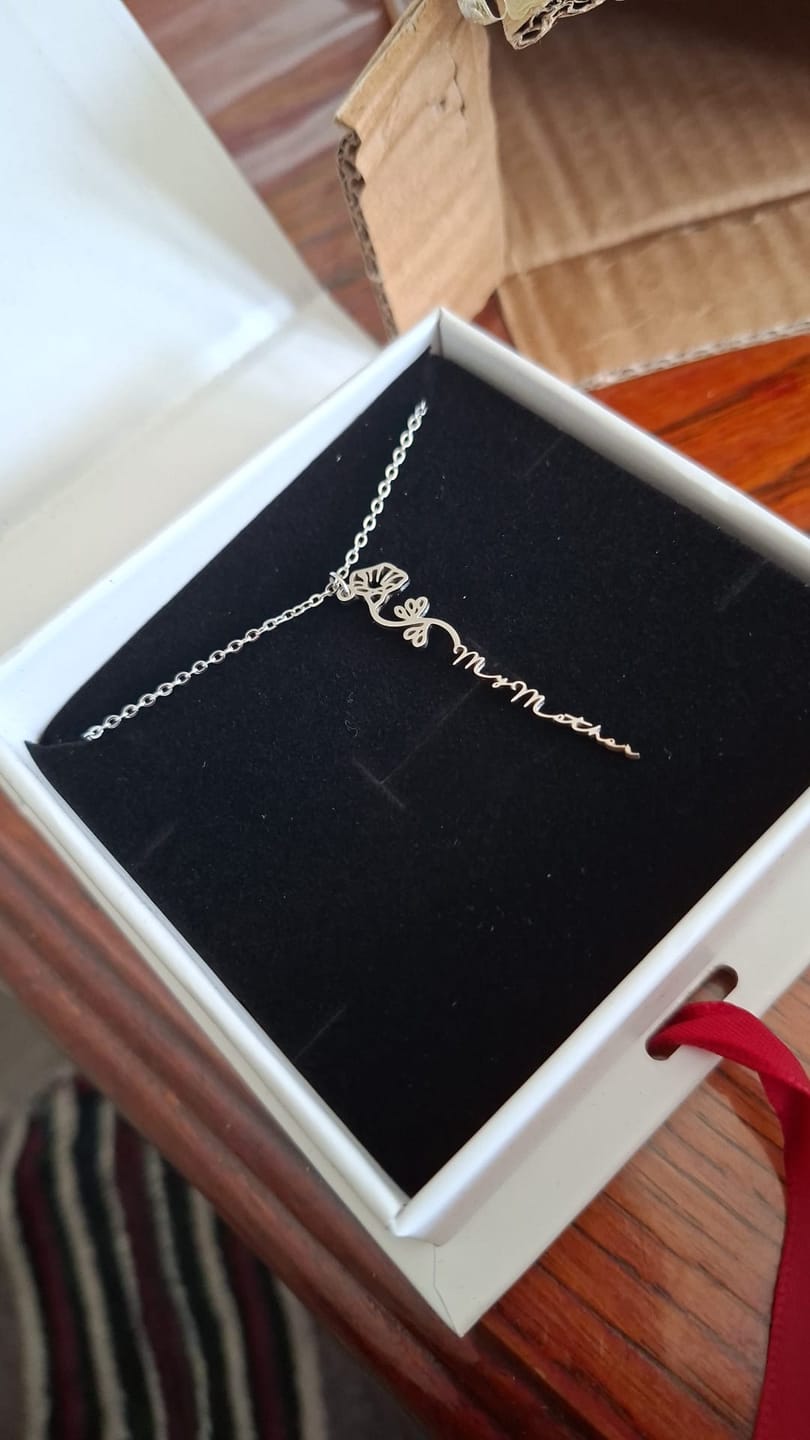 Customer photo review of Custom Birth Flower Name Necklace