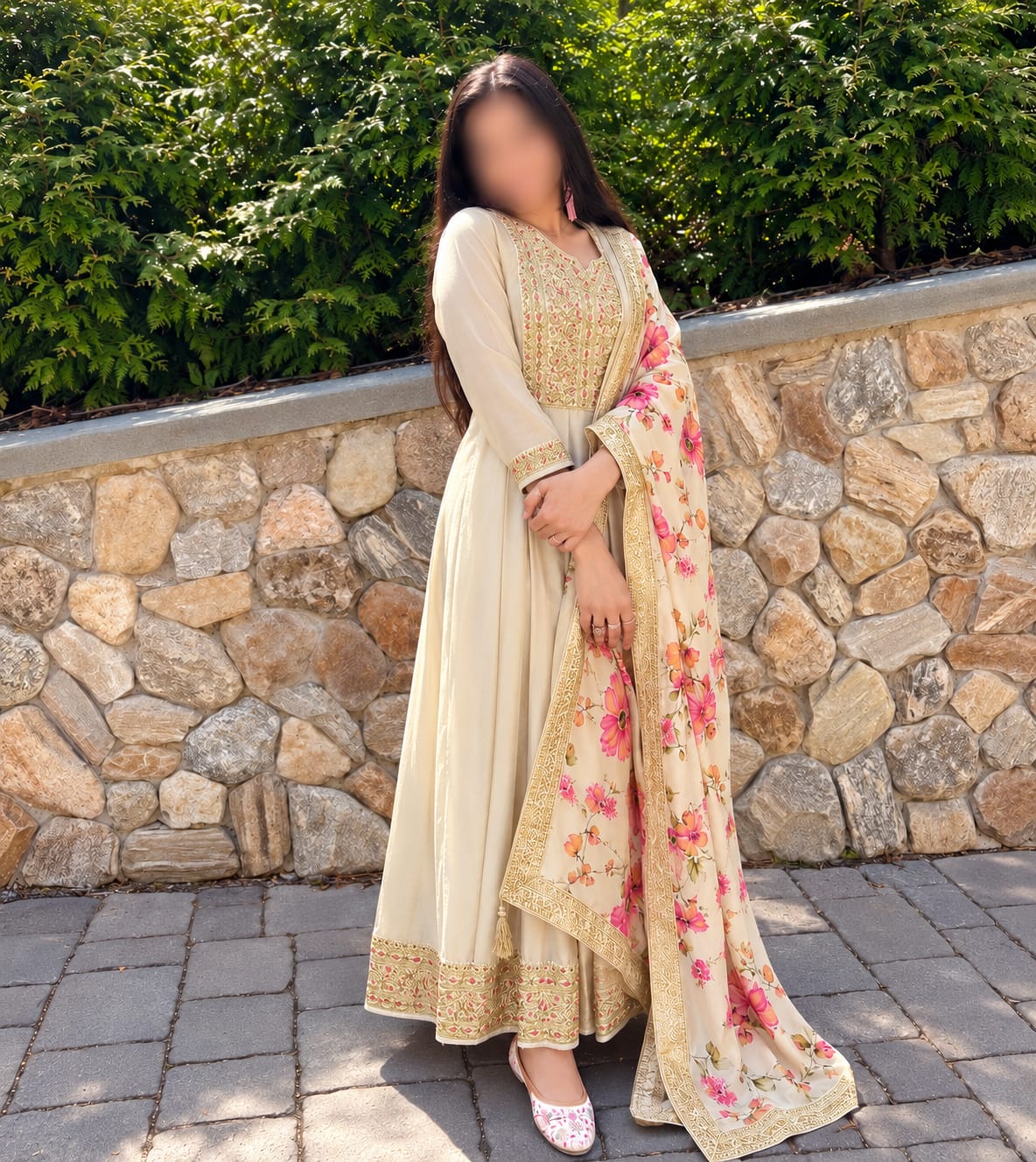Customer photo review of White Color Wedding Function Party Wear Work Anarkali Full Flared Gown