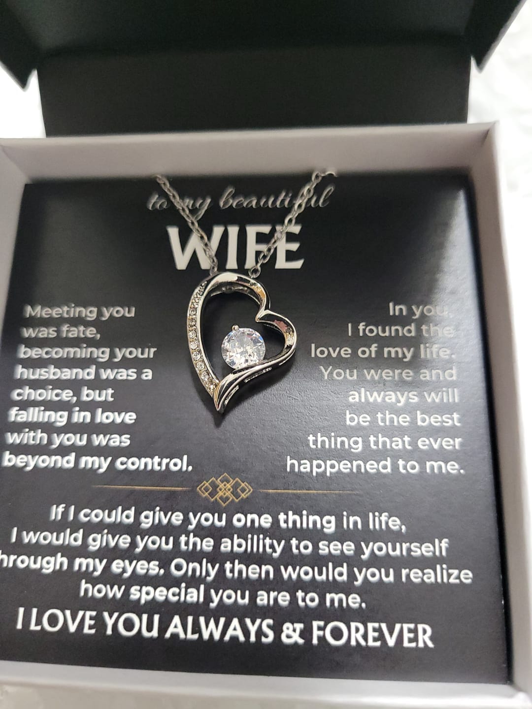 Customer photo review of To My Beautiful Wife Forever Love Necklace | Love of My Life Gift from Husband