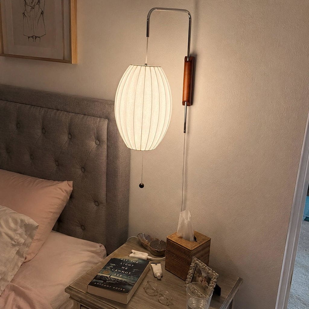 Customer photo review of Wall Light, Plug In, White Globe with Walnut Accent, Wall Sconce