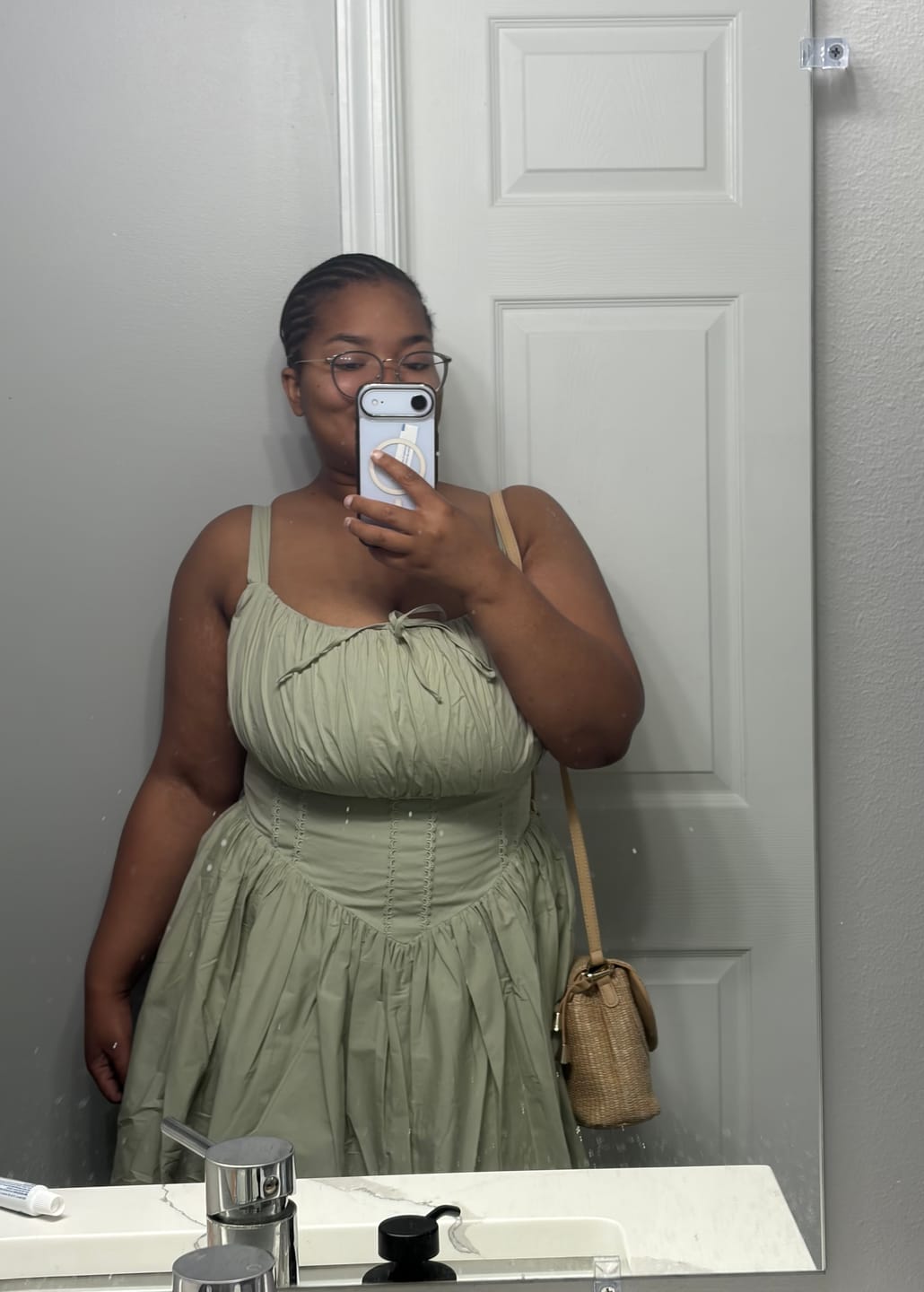 Customer photo review of 'Camille' Sage Fuller Bust Midi Cotton Dress