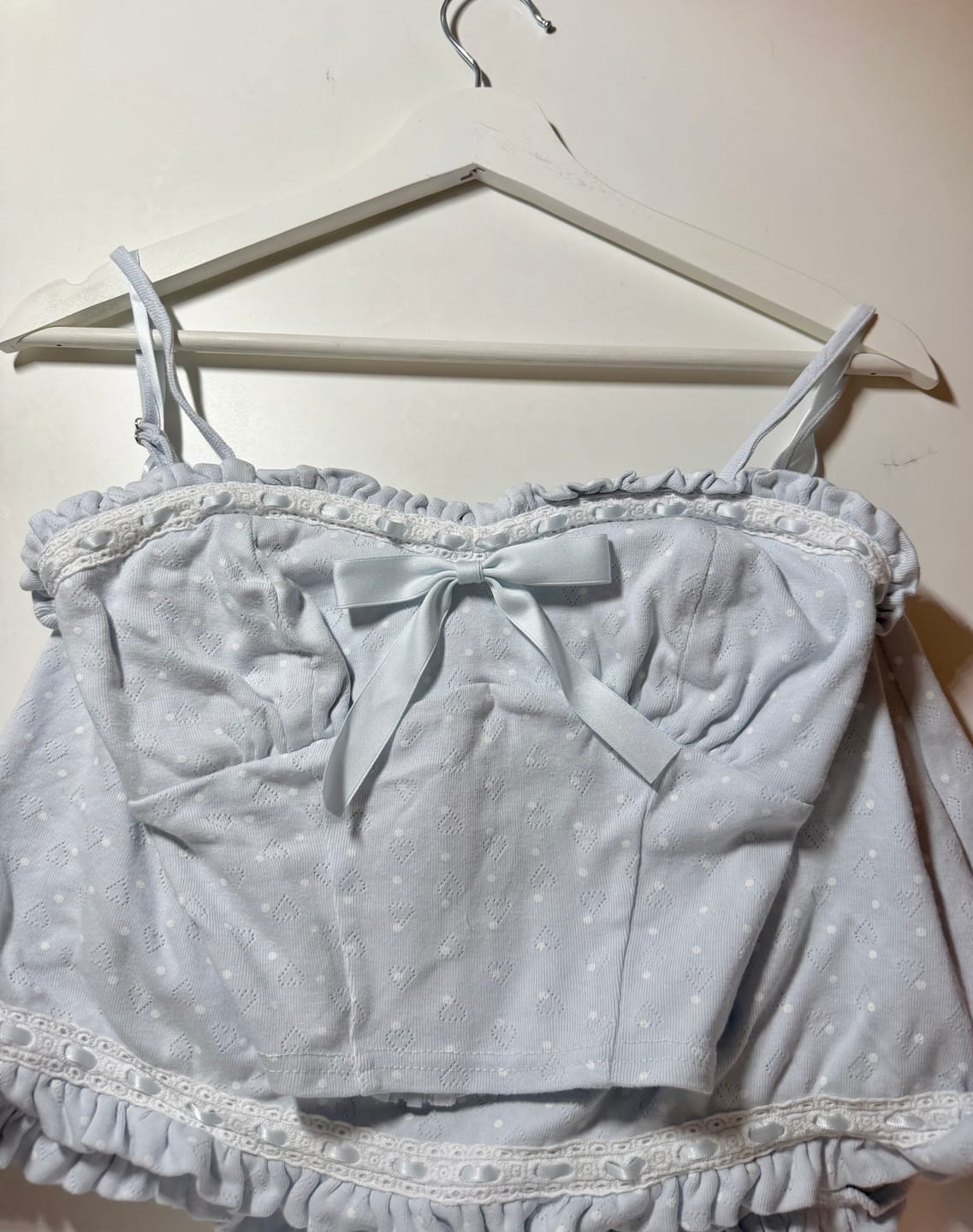 Customer photo review of Sweetheart  Cotton Polka Dot Pointelle Top (Baby Blue)