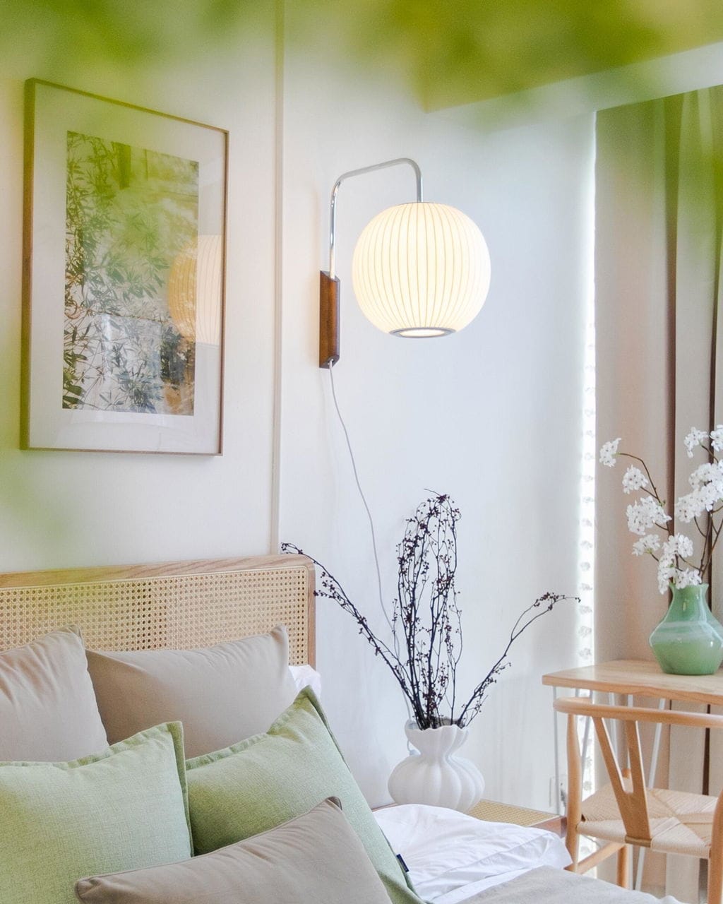 Customer photo review of Wall Light, Plug In, White Globe with Walnut Accent, Wall Sconce