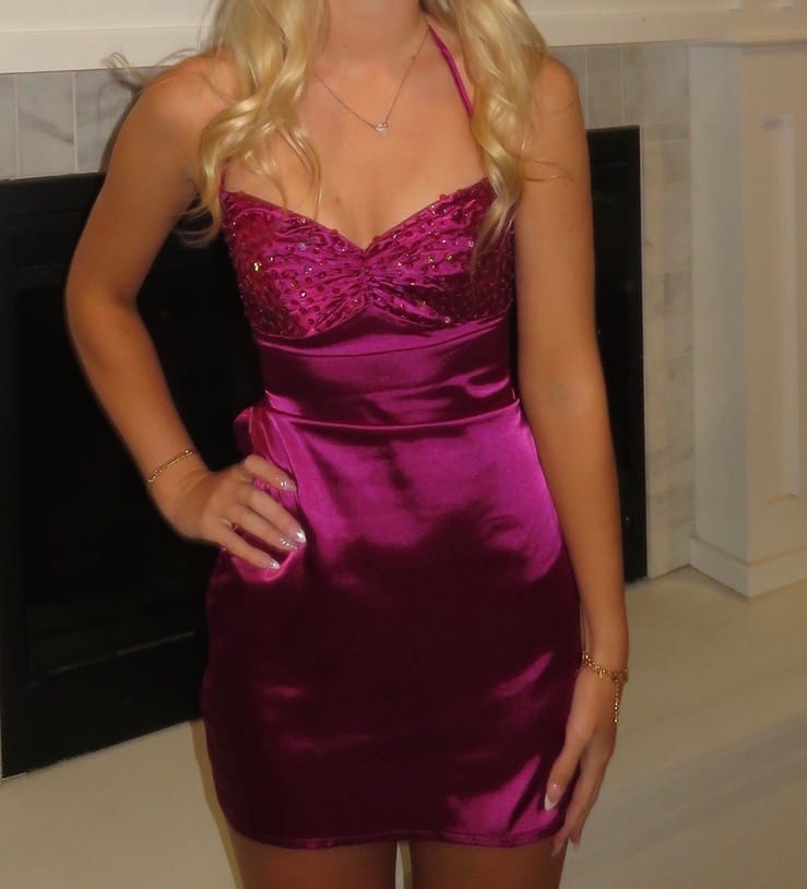 Customer photo review of Spaghetti Straps Purple A-line Short Dress with Sequins