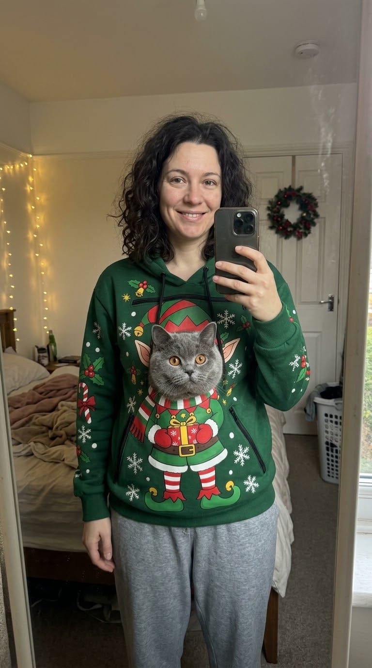 Customer photo review of PeekaPurr™ Christmas Cat Pouch Hoodie