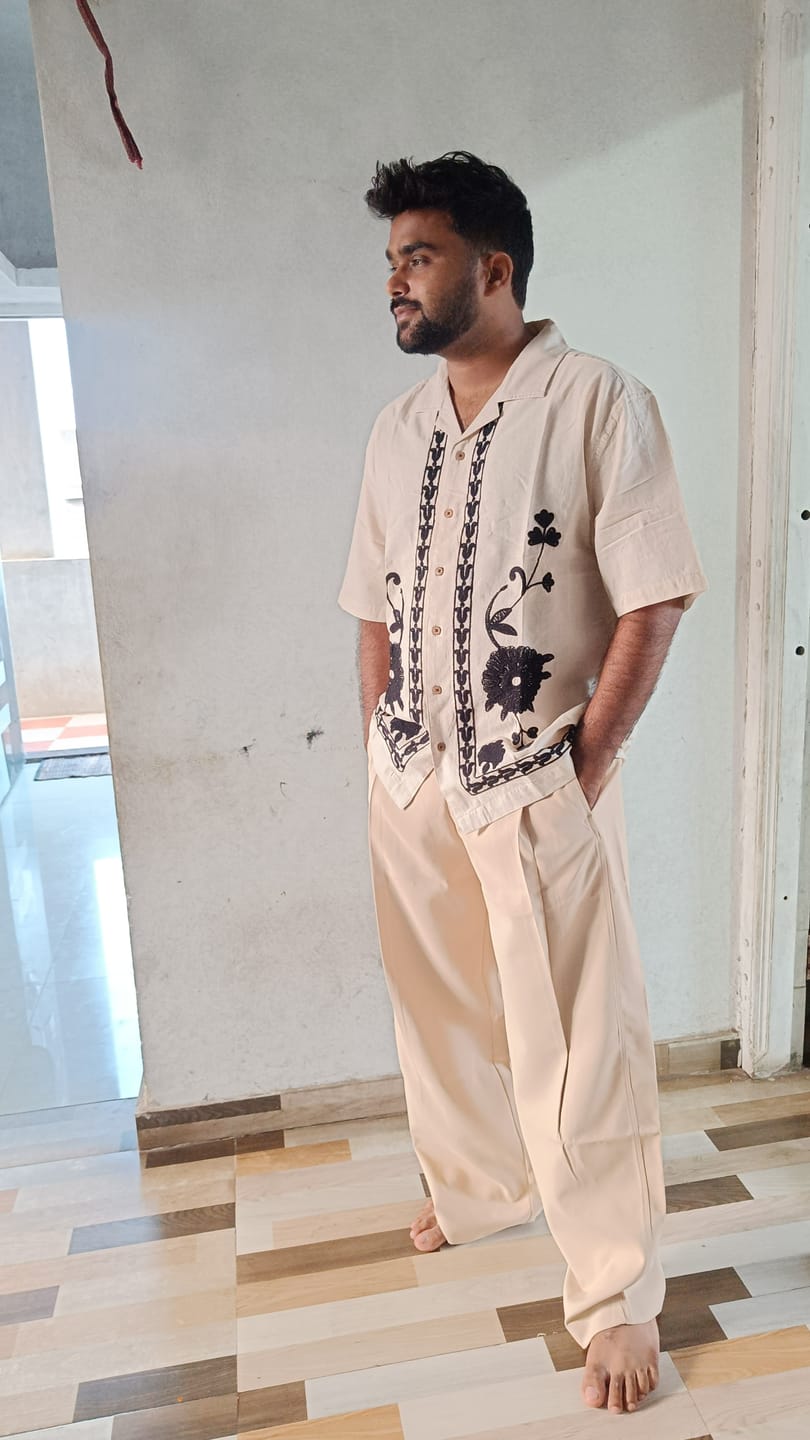 Customer photo review of Beige Pleated Barrel Fit Trousers