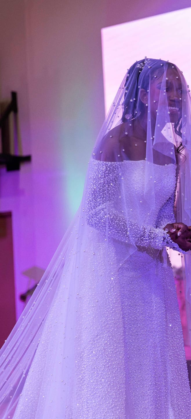 Customer photo review of Multi-sized Pearls Off Shoulder Chapel Train Weeding Dress