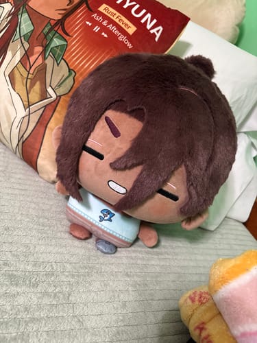 Customer's Alien Stage Dreaming Hours Series plush, featuring a brown-haired character sitting on a textured surface.