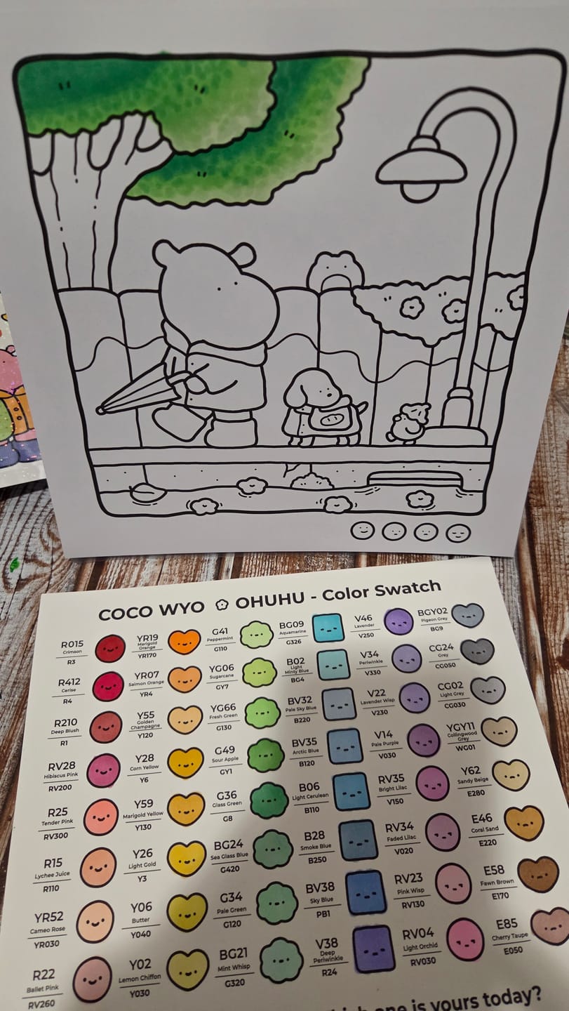 Customer photo review of Ohuhu x Coco Wyo Cozy Mood Coloring Kit, Honolulu B 48 Colors Alcohol Markers with Brush & Fine Dual Tips, Coloring Book with Mood Tracker Pages