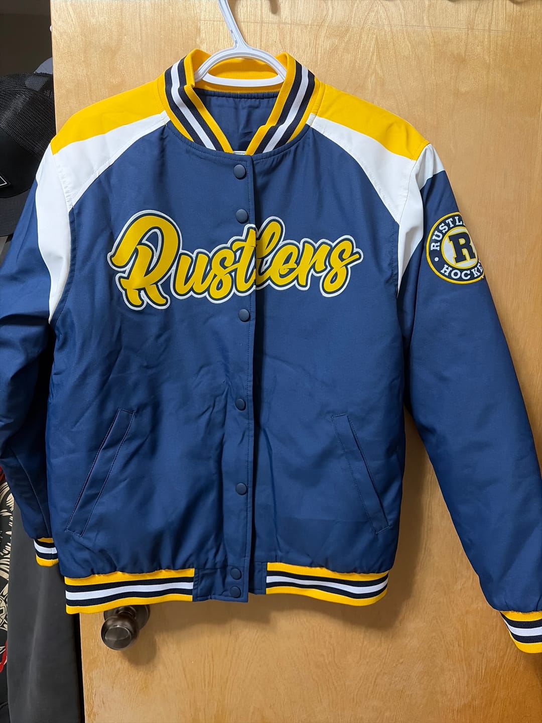 Customer photo review of Custom Navy Varsity Full-Snap Color Block Letterman Jacket