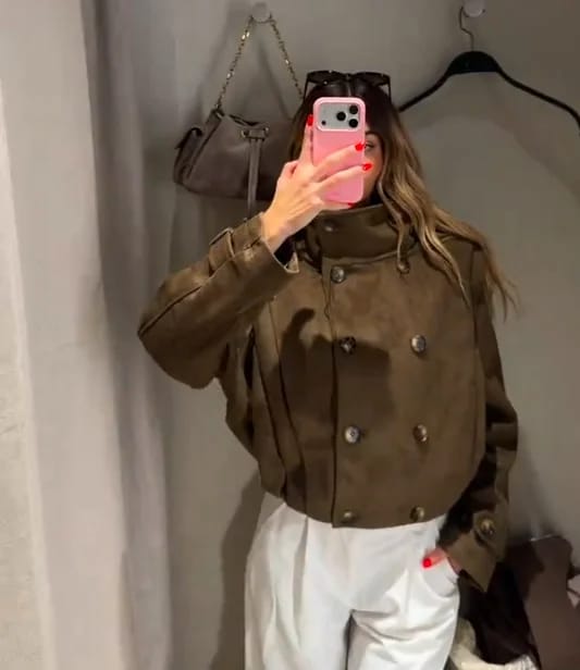 Customer photo review of Amelia Retro Faux Suede Cropped Trench