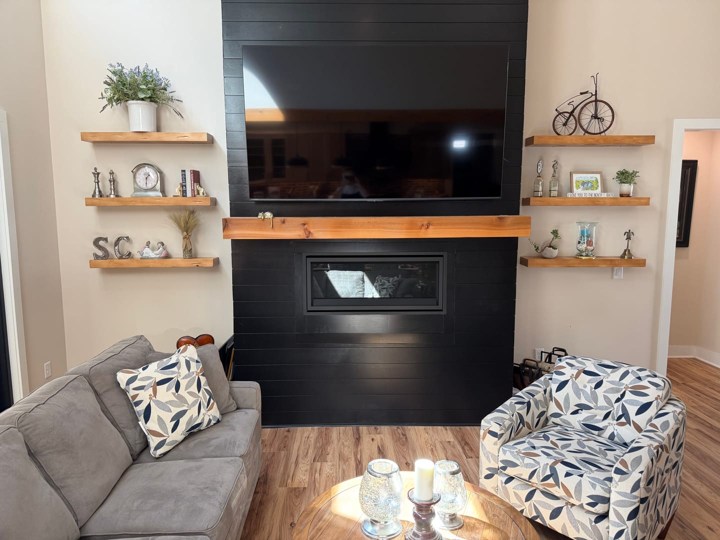 Customer photo review of Distressed 3" Thick Rustic Pine Floating Shelves