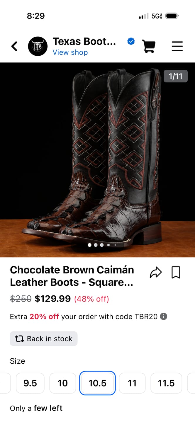 Customer photo review of Rustic Cognac Caiman Belly Leather Boots - Square Toe