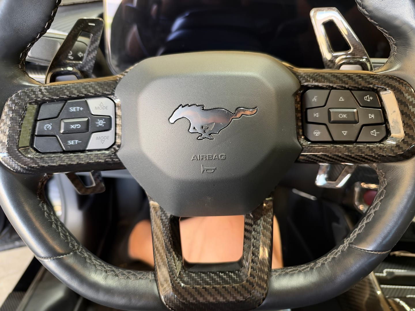 Customer photo review of Real Carbon Fiber Steering Wheel Trim Covers for 2024+ Ford Mustang