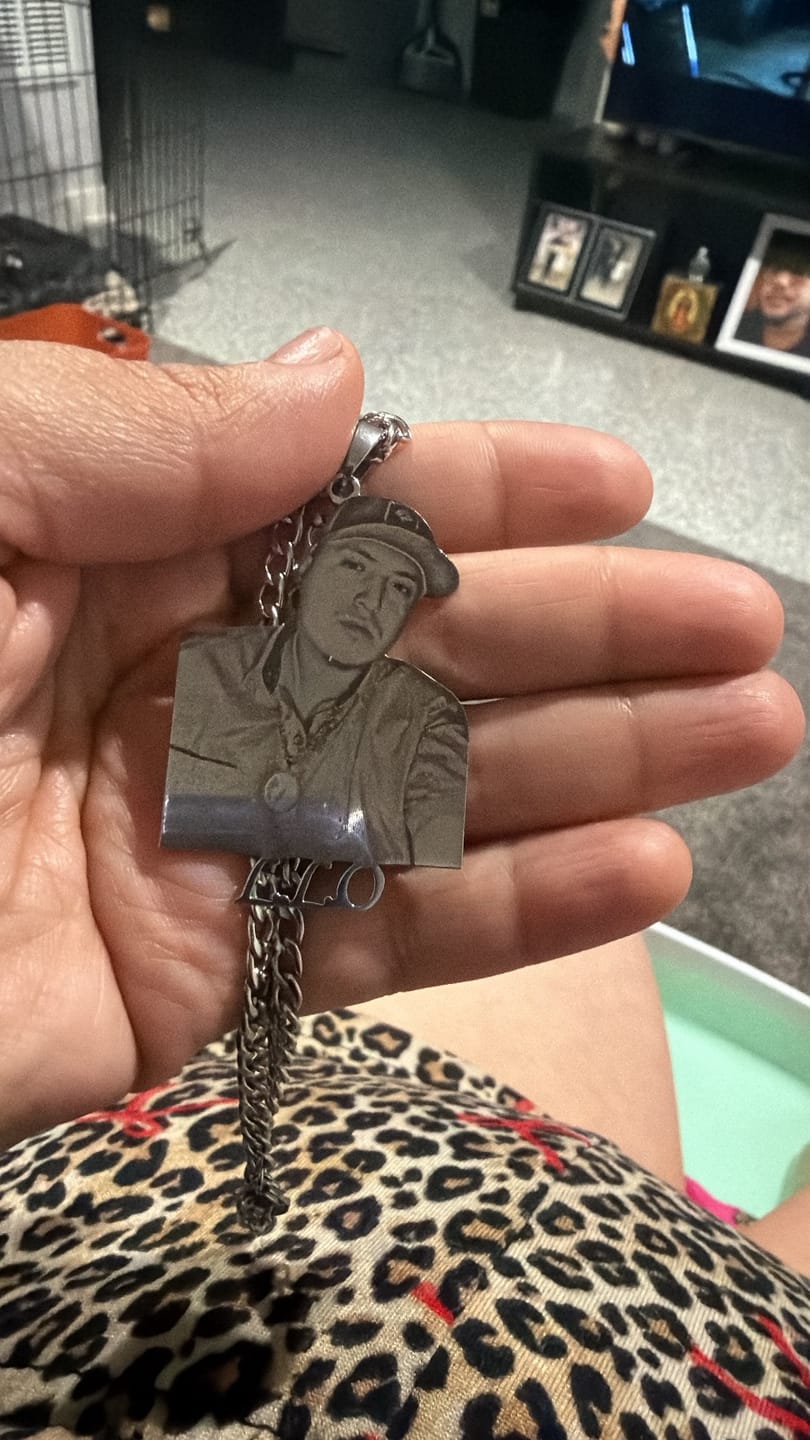 Customer photo review of Custom Photo Engraved Pendant Necklace
